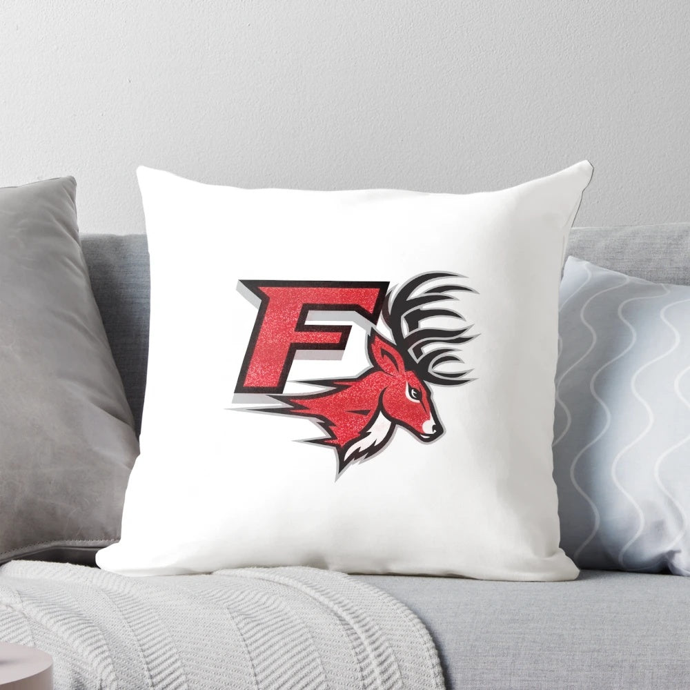 Fairfield University Stags glitter logo printed on a white pillow