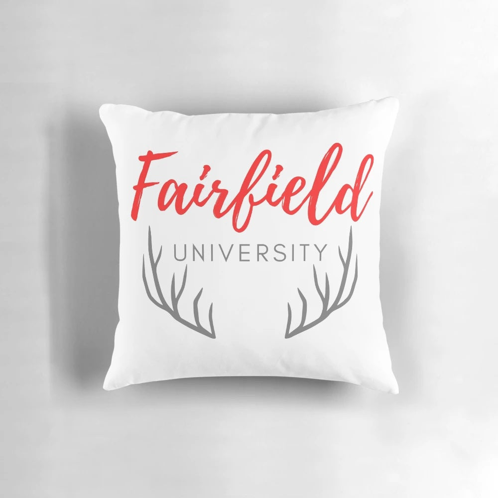 Fairfield University Stags-inspired pillow featuring the school's colors and logo