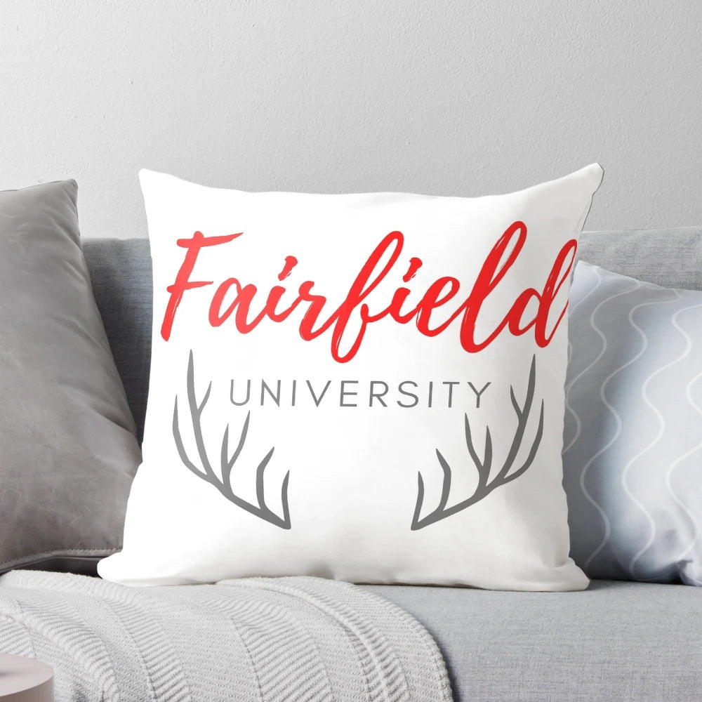 Fairfield University Stags-inspired pillow featuring the school's colors and logo