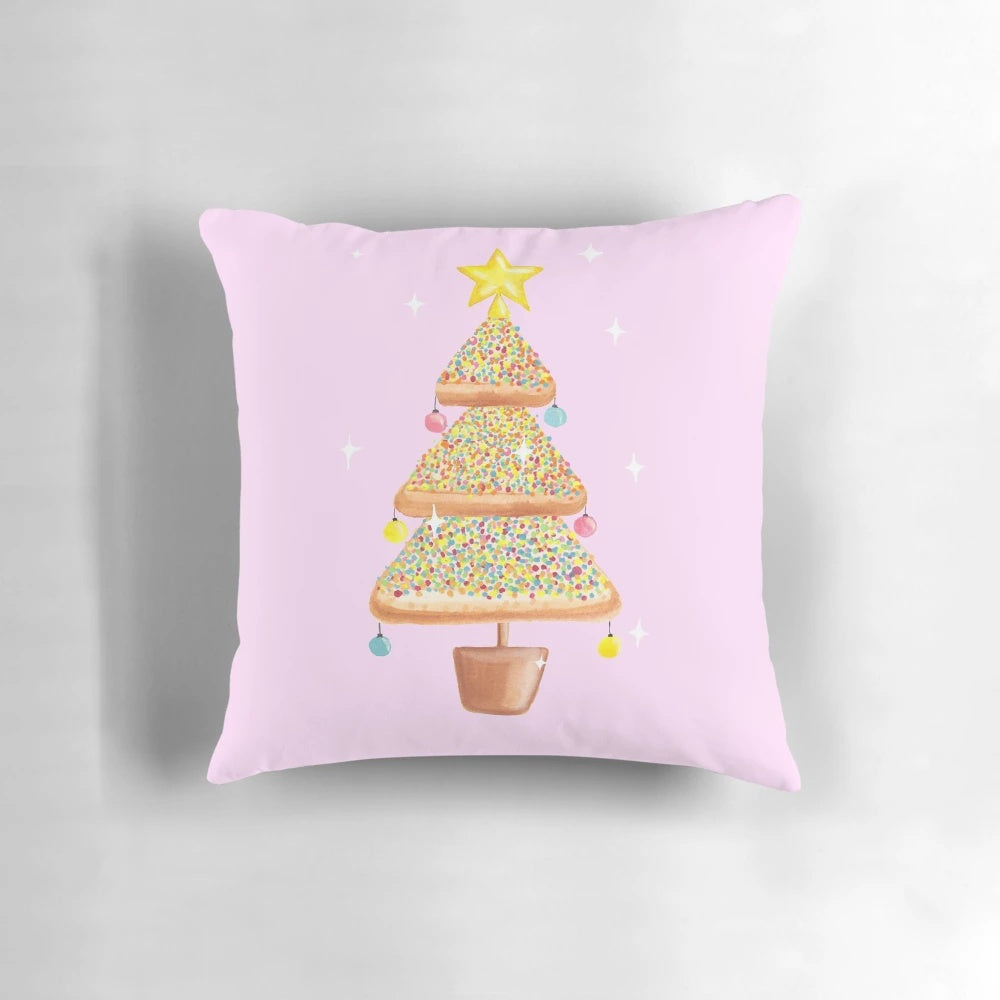 Festive pink pillow with fairy bread design, perfect for Christmas in Australia