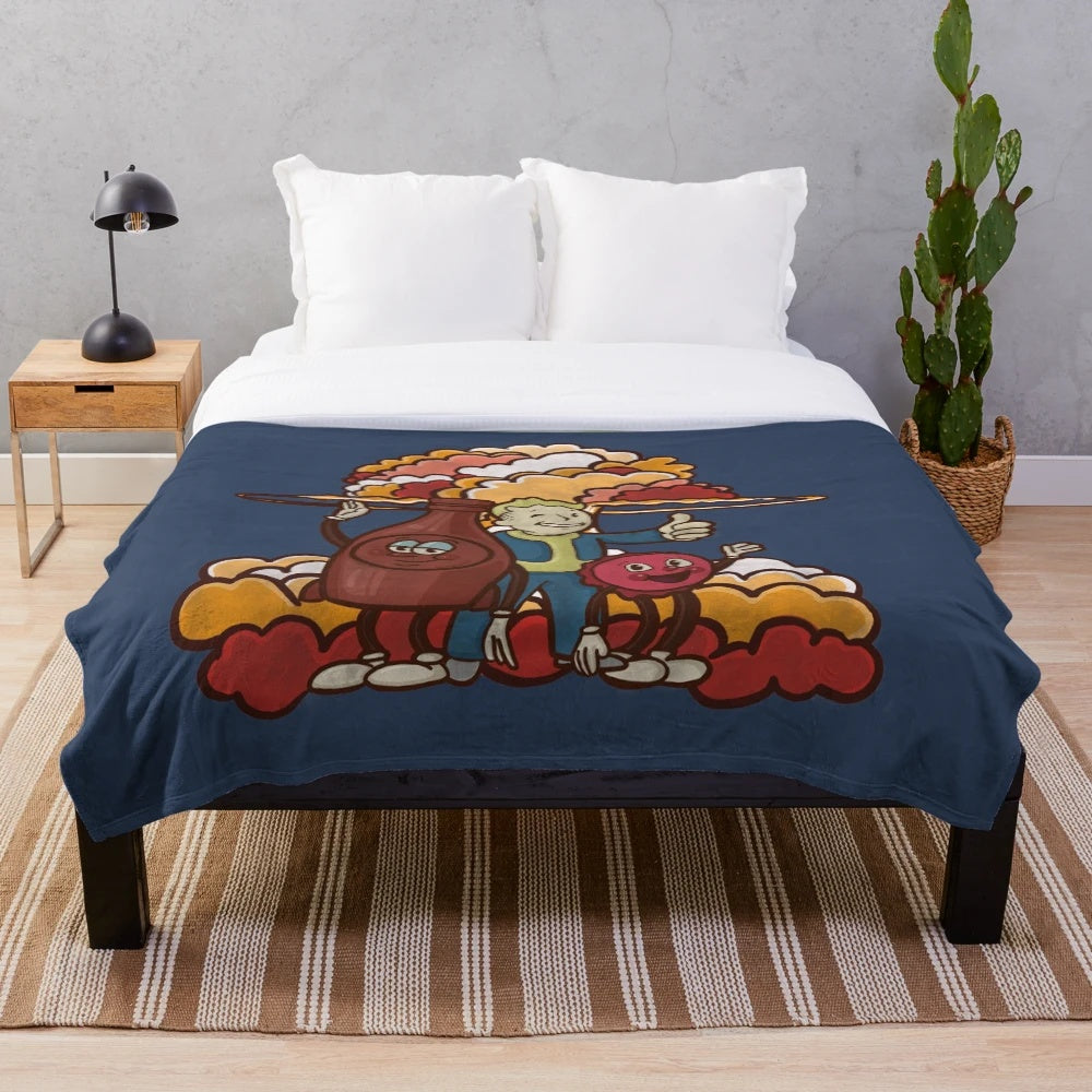 Fallout inspired plush blanket featuring Vault Boy and Cappy