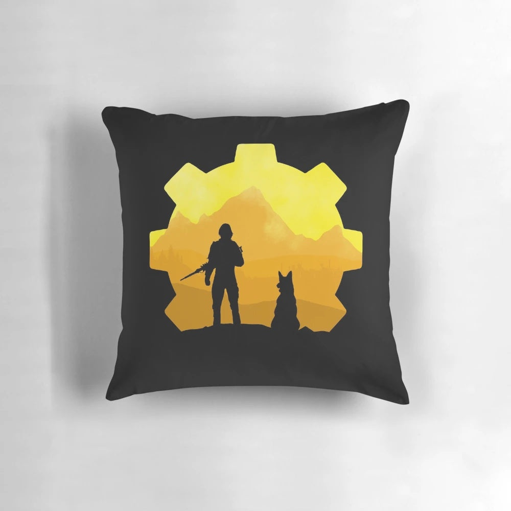 Fallout-inspired female sole survivor pillow with post-apocalyptic design