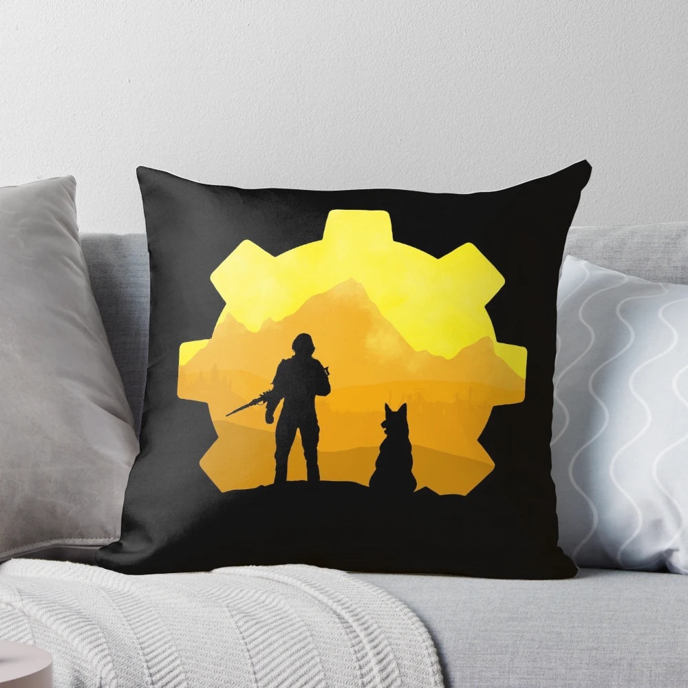 Fallout-inspired female sole survivor pillow with post-apocalyptic design