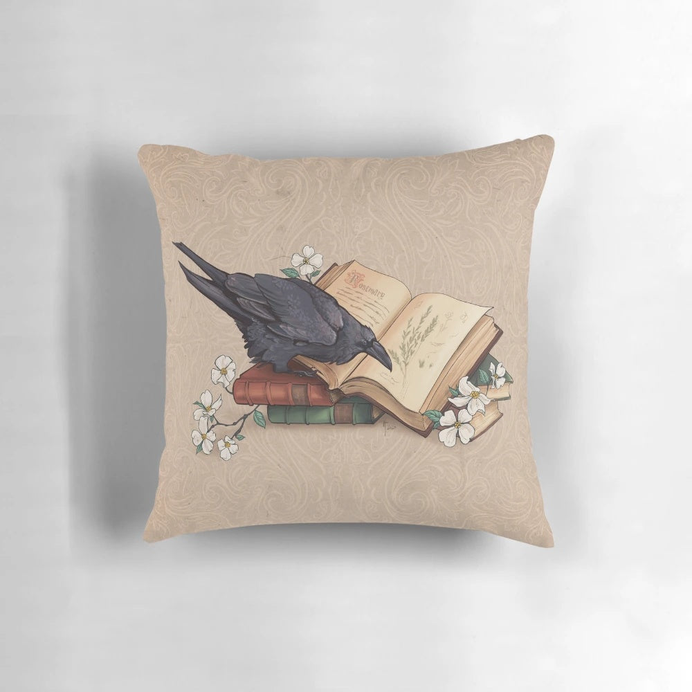 A plush, black and white pillow featuring a whimsical witch's familiar, perfect for adding a touch of occult charm to any room.