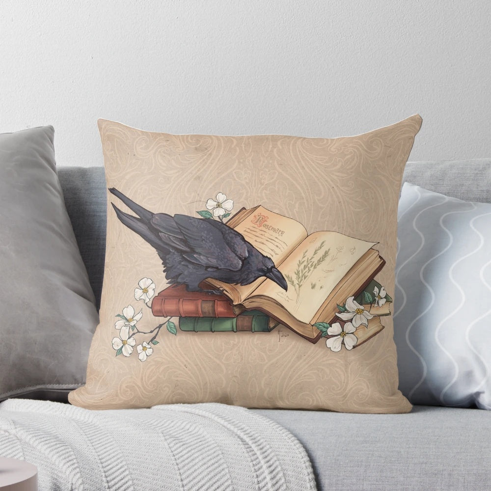 A plush, black and white pillow featuring a whimsical witch's familiar, perfect for adding a touch of occult charm to any room.
