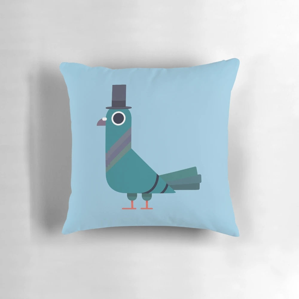 A decorative throw pillow featuring a fancy pigeon wearing a top hat, perfect for urban bird lovers.