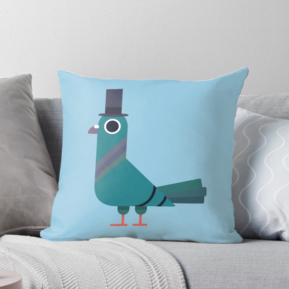 A decorative throw pillow featuring a fancy pigeon wearing a top hat, perfect for urban bird lovers.