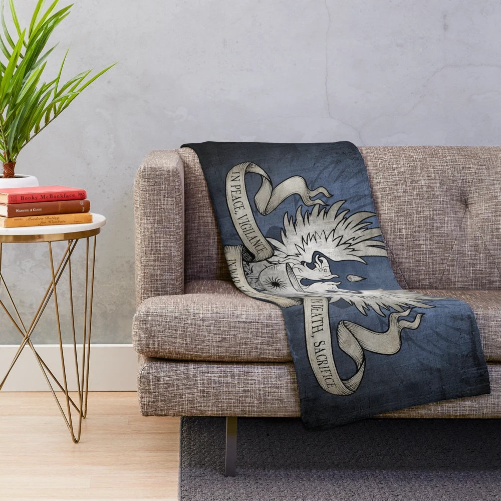 Dragon Age-inspired plush blanket featuring Grey Warden motto and imagery
