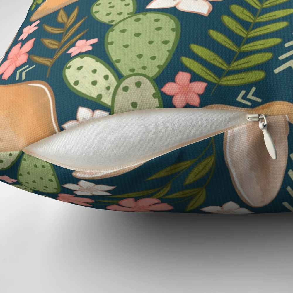 Soft, navy blue pillow featuring a print of enchanting fennec foxes, the small desert-dwelling canines native to the Sahara.