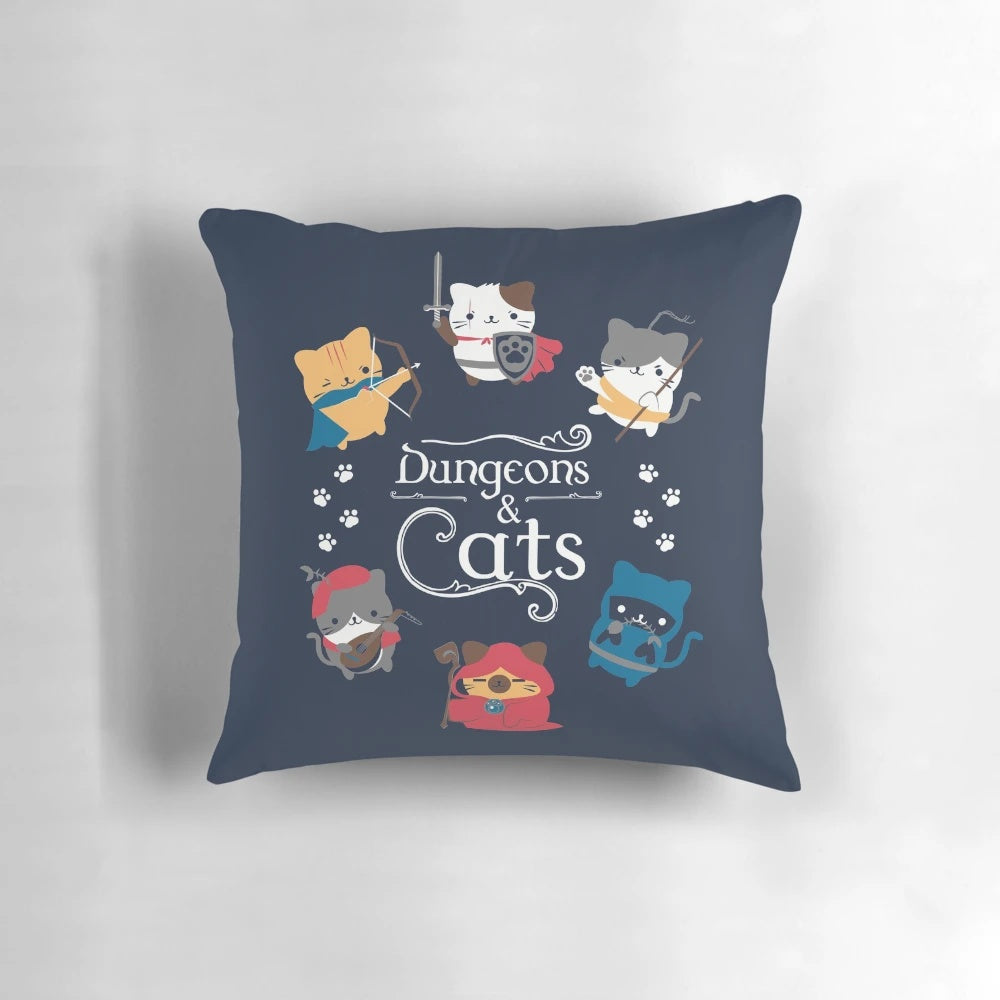 Dungeons and Cats-themed throw pillow featuring adorable, fantasy-inspired cat design