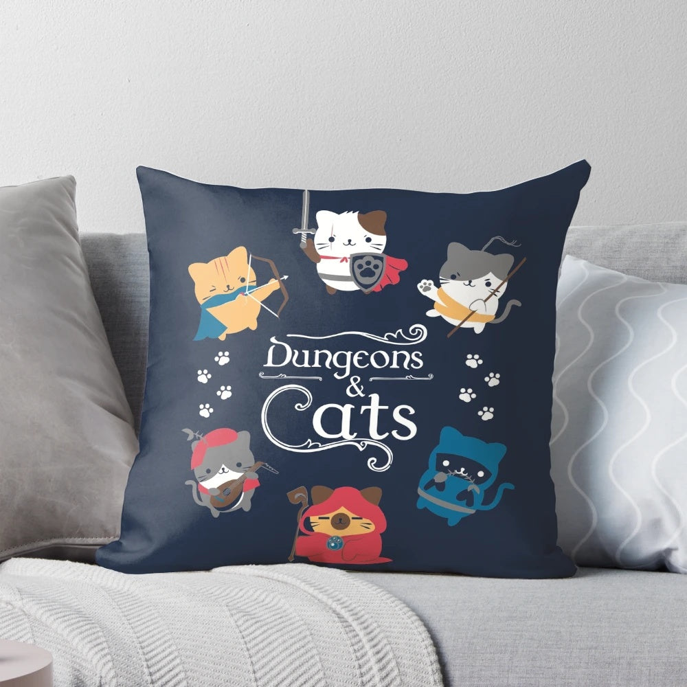 Dungeons and Cats-themed throw pillow featuring adorable, fantasy-inspired cat design