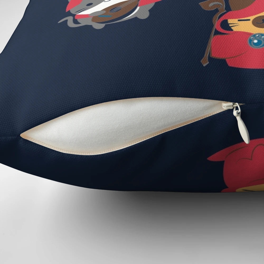 Dungeons and Cats-themed throw pillow featuring adorable, fantasy-inspired cat design