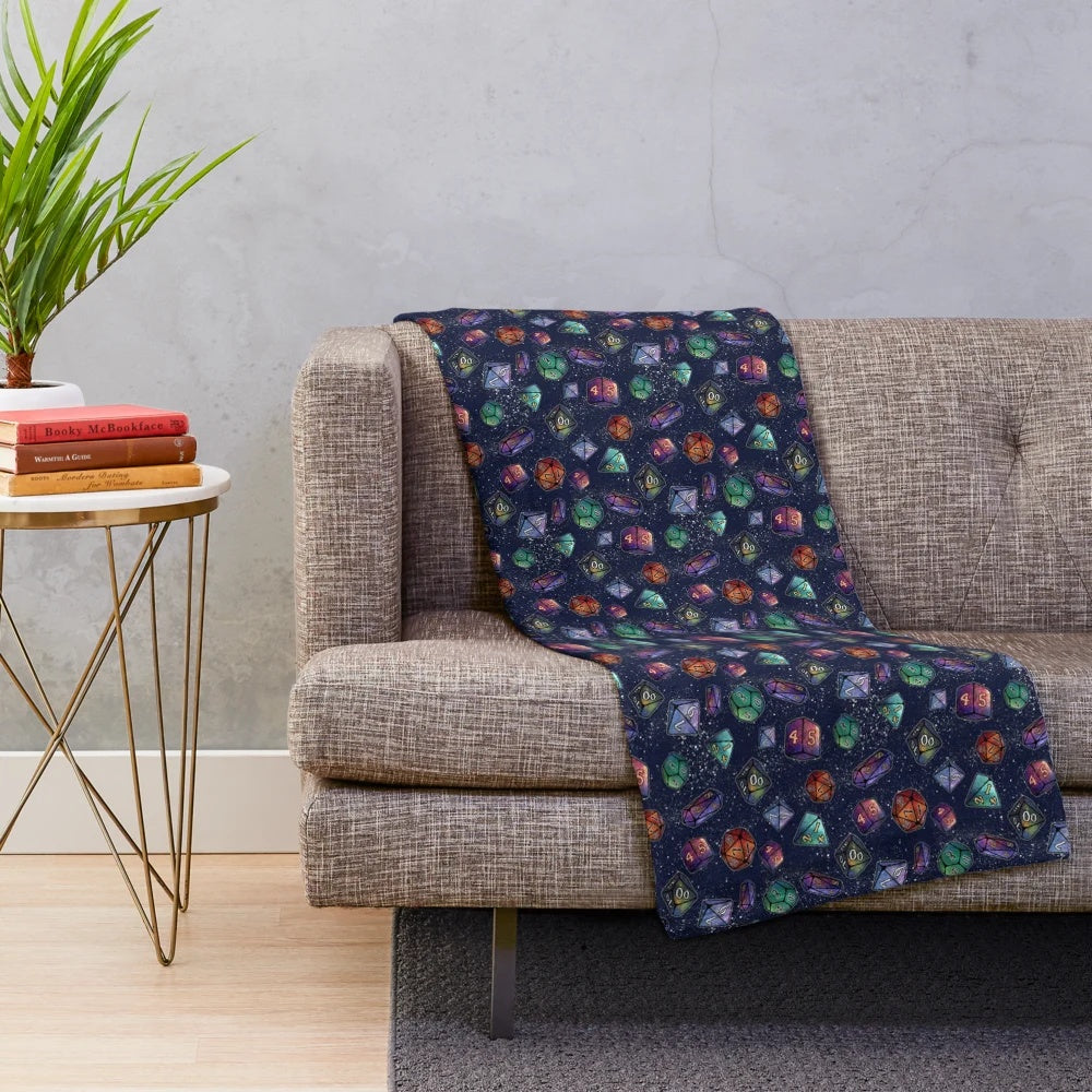 Fantasy dice pattern plush blanket with galaxy and crystal design