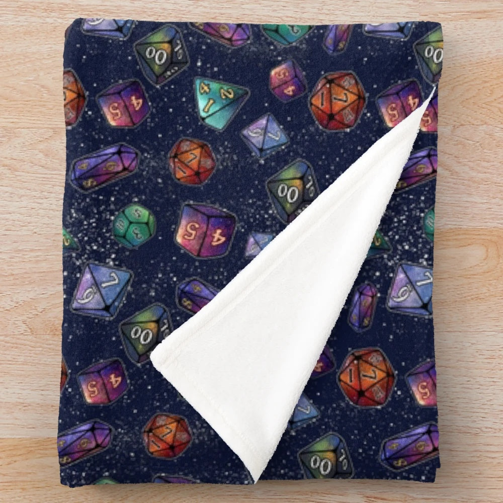 Fantasy dice pattern plush blanket with galaxy and crystal design