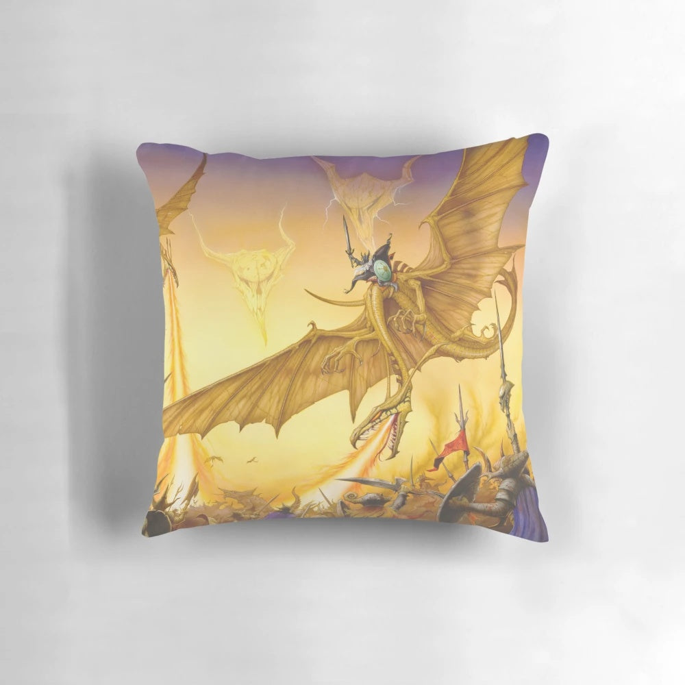 Fantasy dragons pillow with swords and skulls
