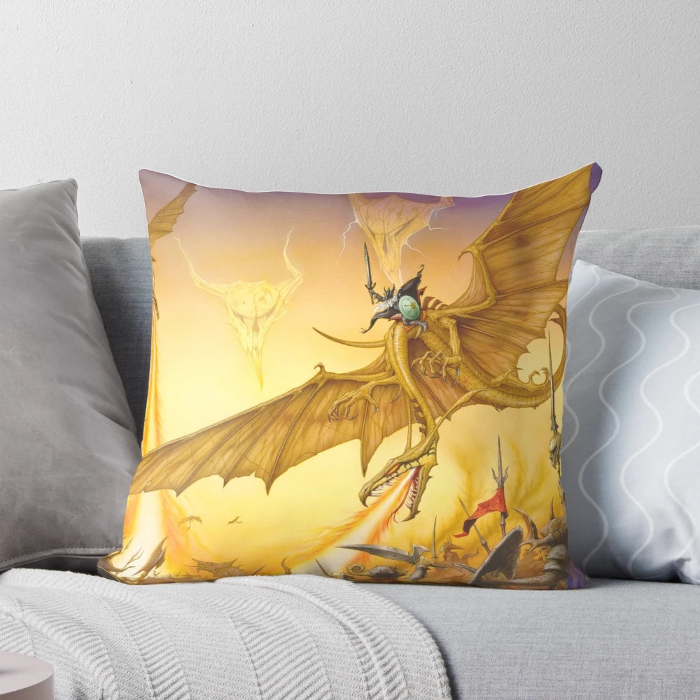 Fantasy dragons pillow with swords and skulls