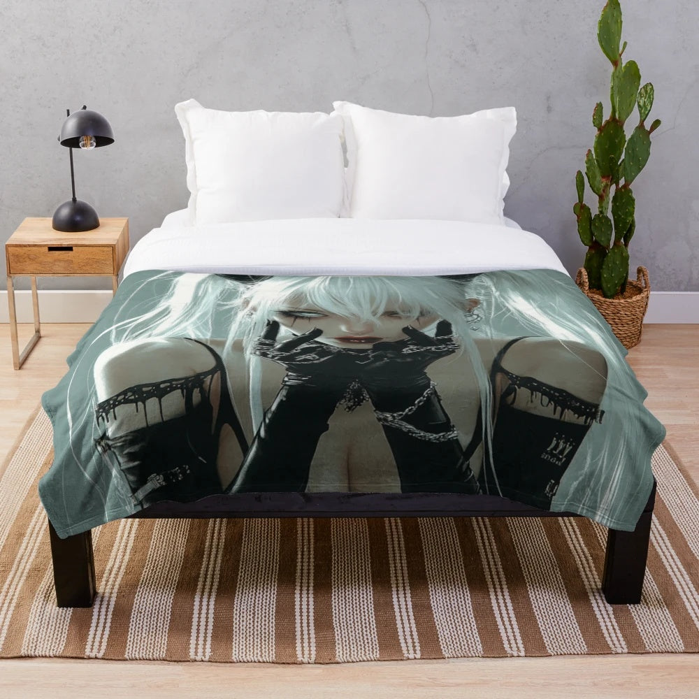 Cozy plush blanket featuring a fantasy girl with white hair and a dark, edgy aesthetic
