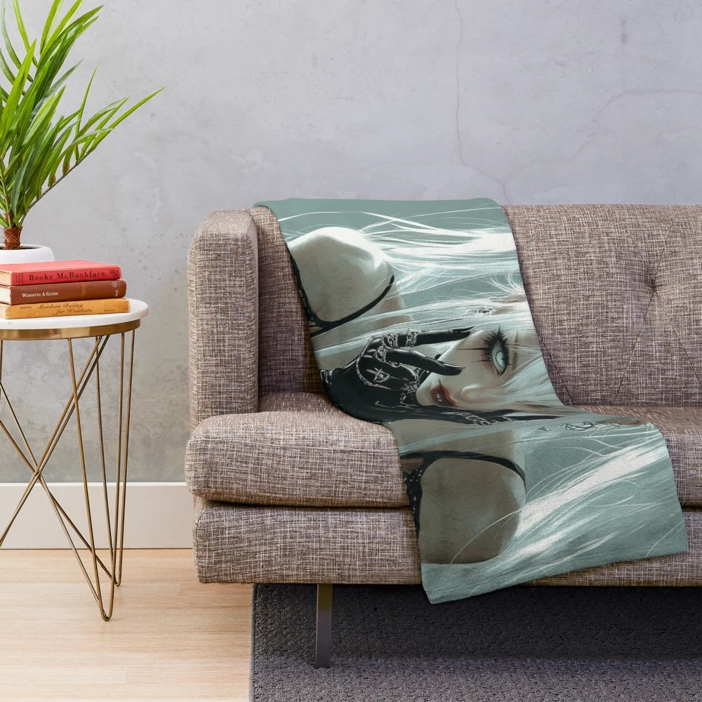 Cozy plush blanket featuring a fantasy girl with white hair and a dark, edgy aesthetic