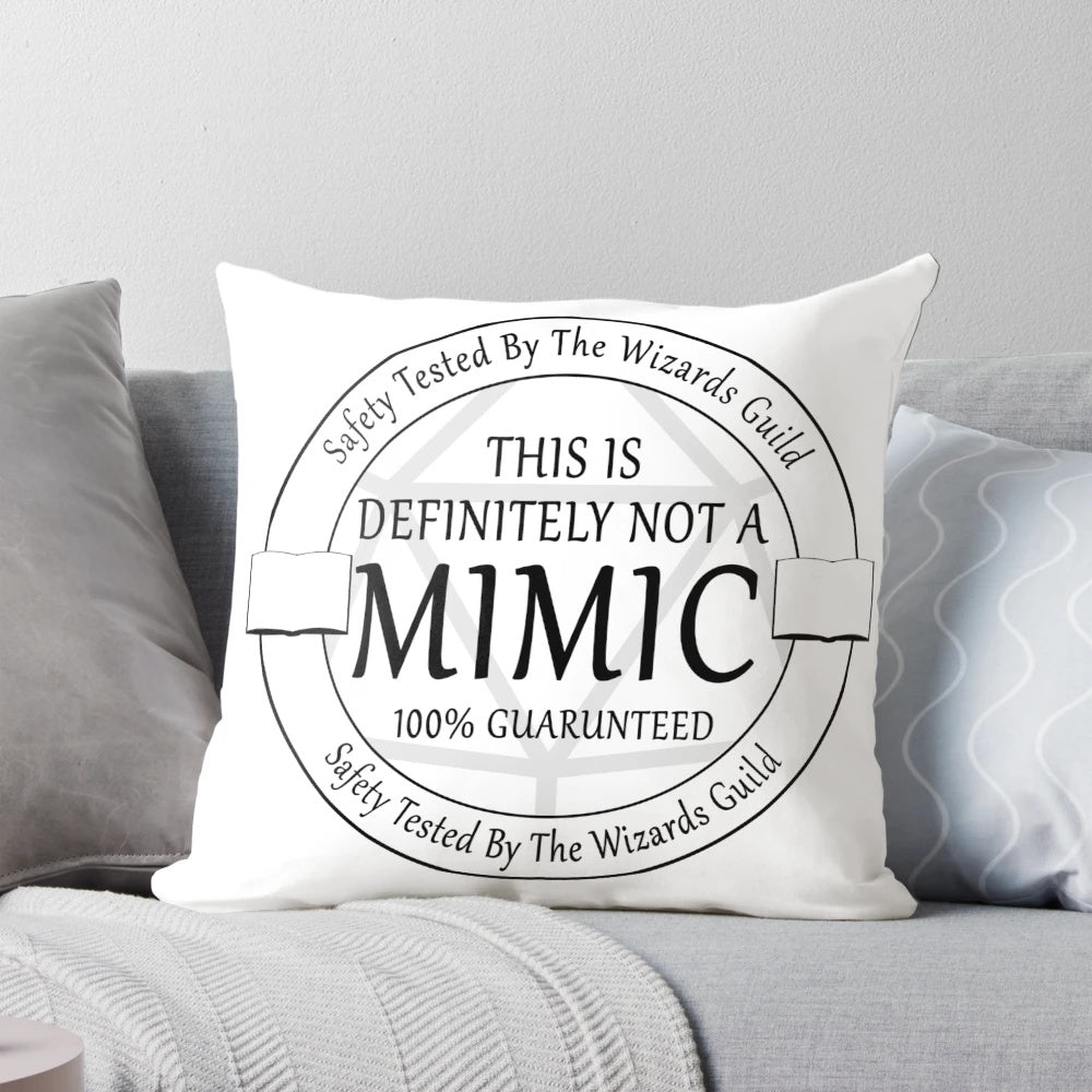 A cozy, safety-tested pillow featuring a mimic design, perfect for fans of fantasy and roleplaying games.