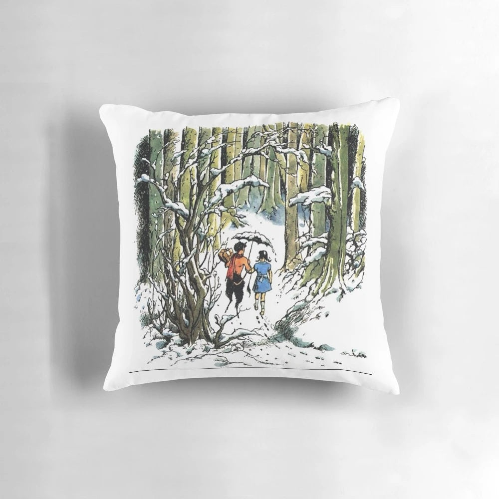 A decorative throw pillow featuring the classic illustration of the Wardrobe from the Chronicles of Narnia by CS Lewis.