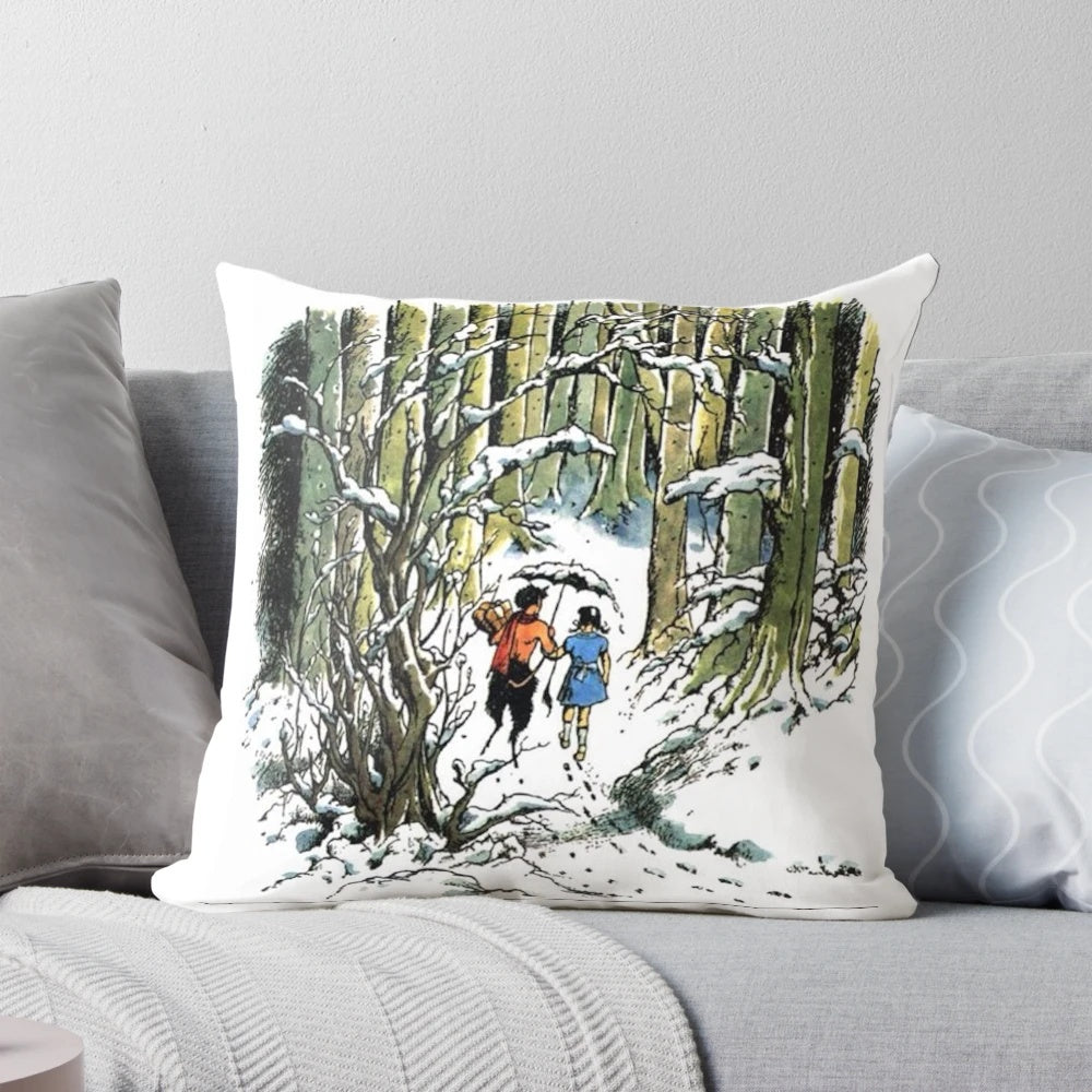 A decorative throw pillow featuring the classic illustration of the Wardrobe from the Chronicles of Narnia by CS Lewis.