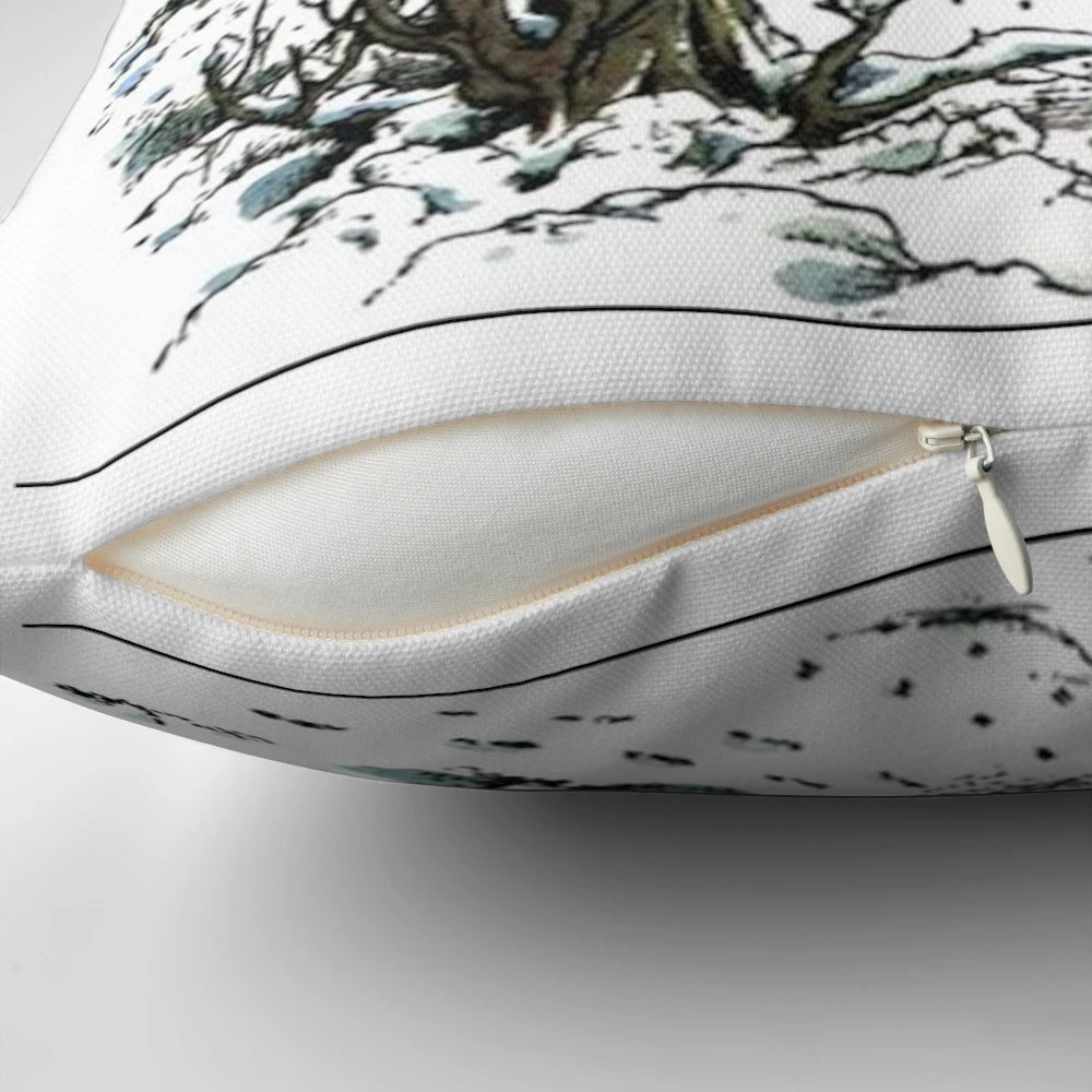 A decorative throw pillow featuring the classic illustration of the Wardrobe from the Chronicles of Narnia by CS Lewis.
