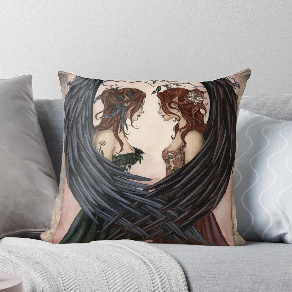 Fantasy sisters companions pillow with angels, fairies, and Amy Brown artwork