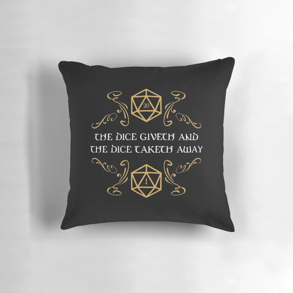 Fantasy-themed pillow with Dungeons and Dragons dice designs, including a natural 20 and a critical fail.