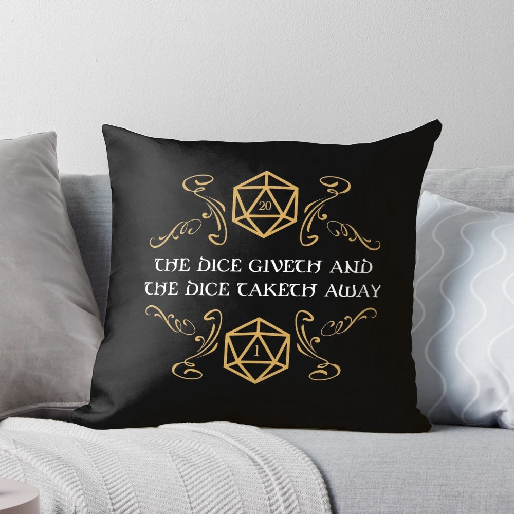 Fantasy-themed pillow with Dungeons and Dragons dice designs, including a natural 20 and a critical fail.