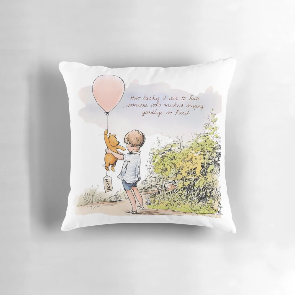 Winnie the Pooh Goodbye Pillow featuring a vintage-inspired watercolor sketch of Pooh Bear and a balloon.
