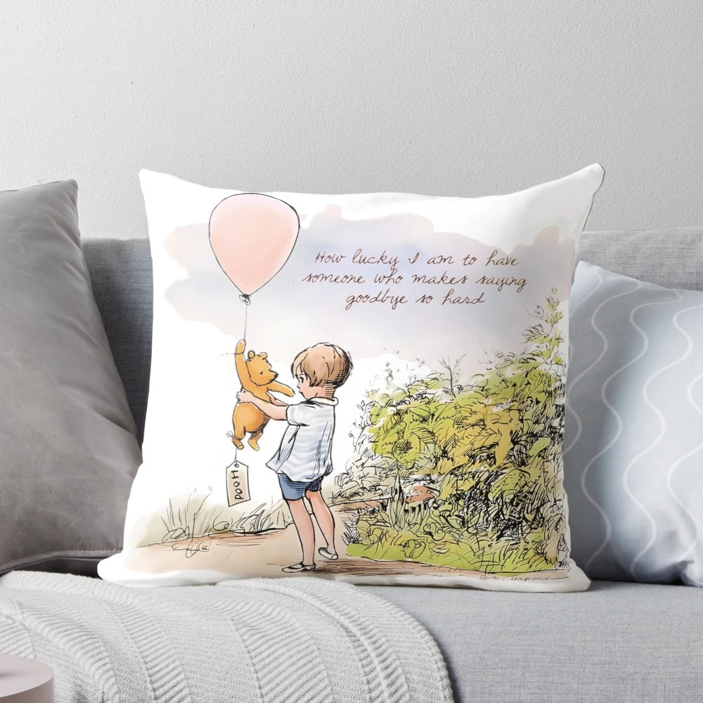 Winnie the Pooh Goodbye Pillow featuring a vintage-inspired watercolor sketch of Pooh Bear and a balloon.