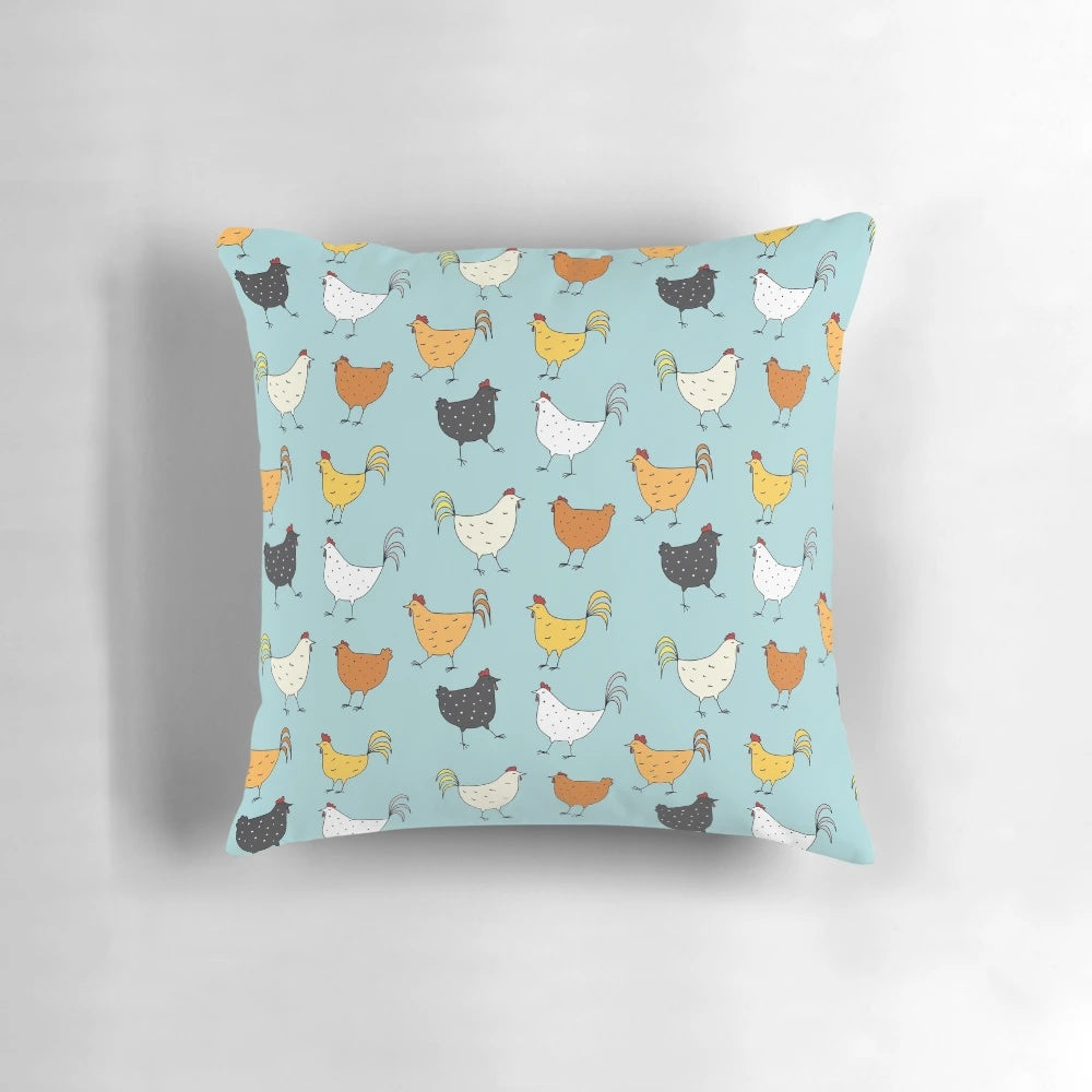 Soft, plush pillow featuring a vibrant chicken pattern, perfect for adding a touch of rustic charm to your home.