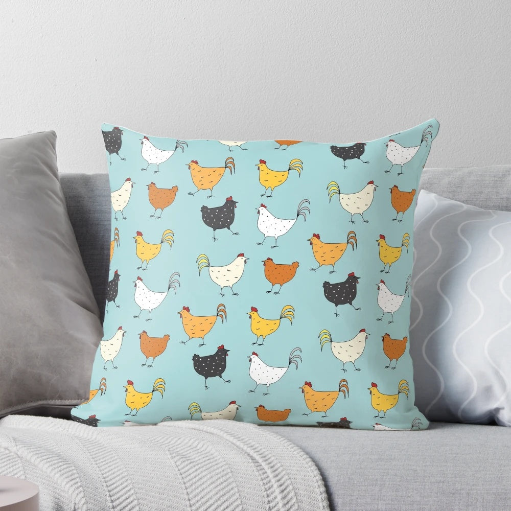 Soft, plush pillow featuring a vibrant chicken pattern, perfect for adding a touch of rustic charm to your home.