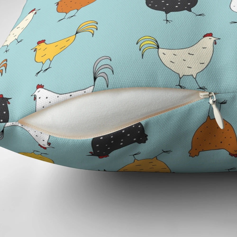 Soft, plush pillow featuring a vibrant chicken pattern, perfect for adding a touch of rustic charm to your home.