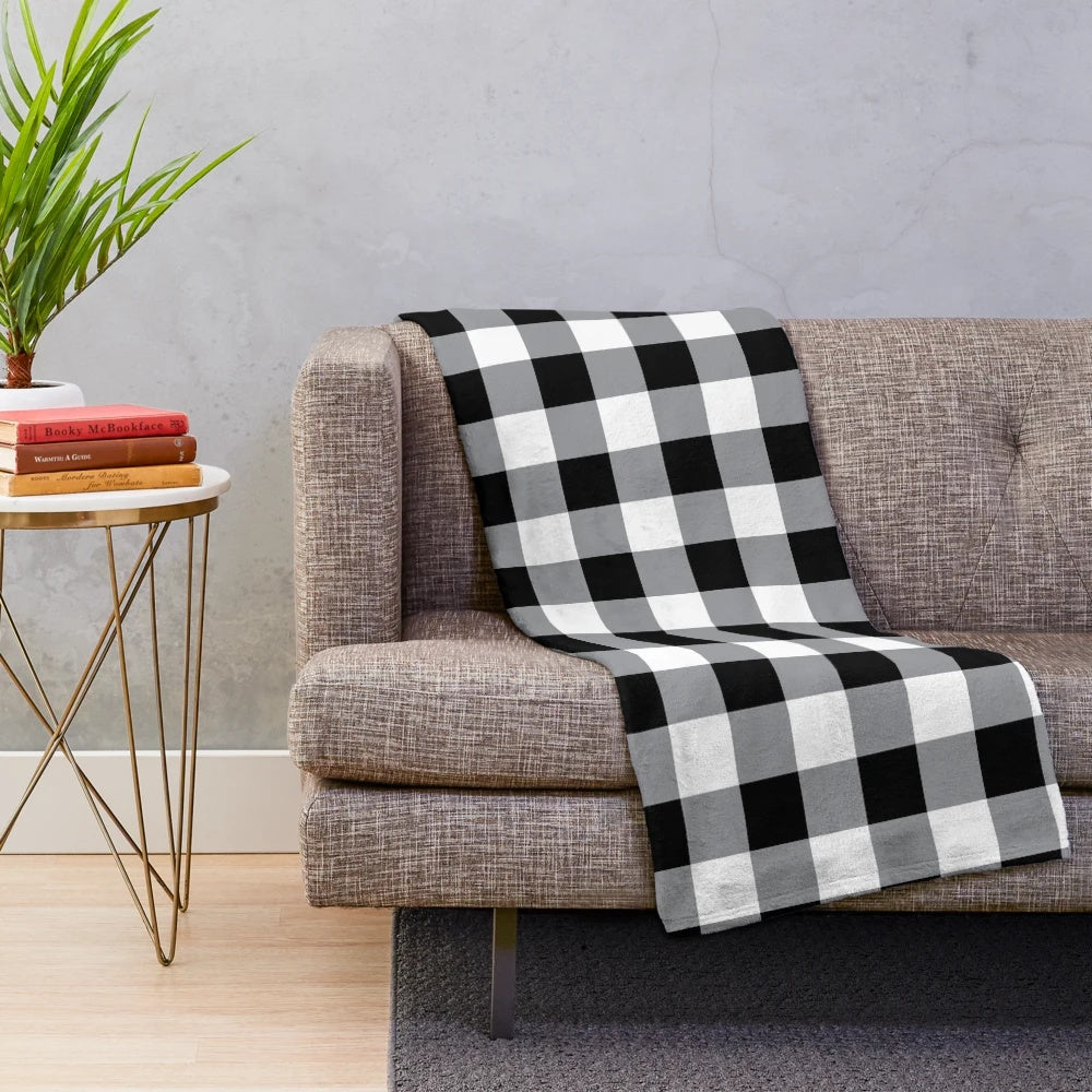 Farmhouse style plush black and white buffalo check pattern blanket