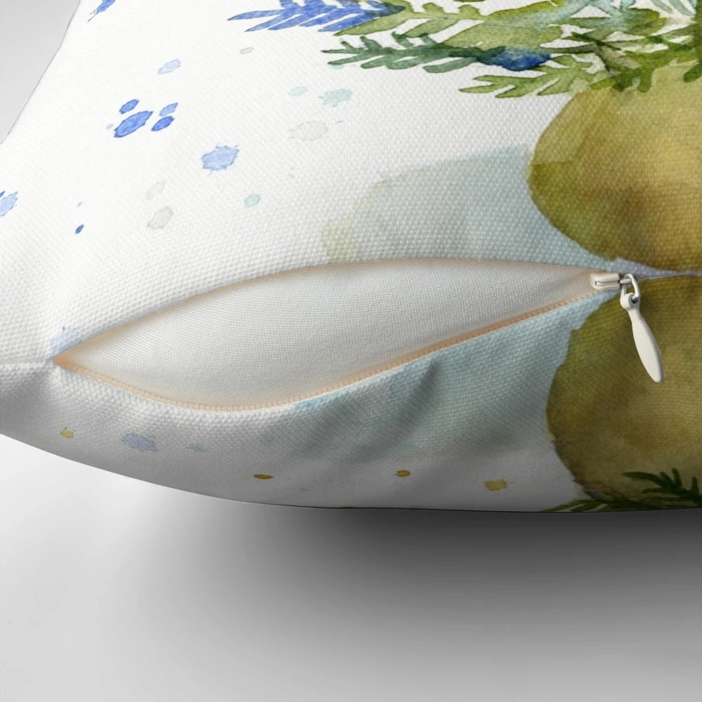 Farmhouse-style watercolor painting of a Christmas tree in blue, green, and earth tones on a cozy throw pillow.