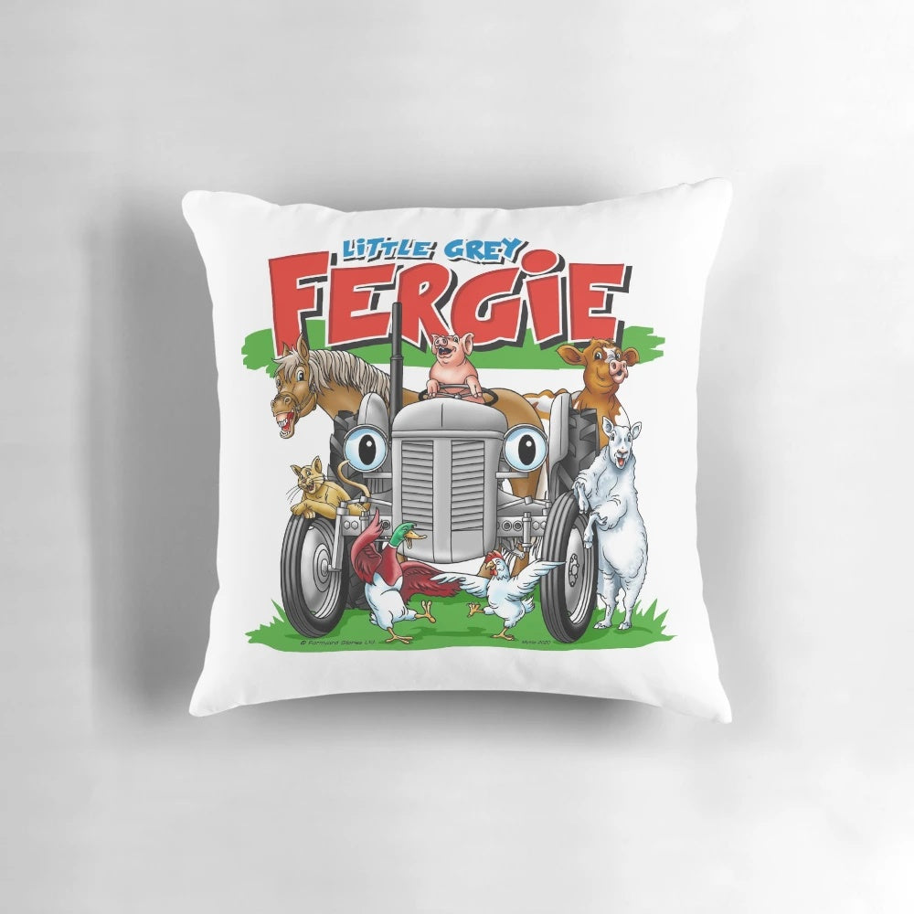 A colorful pillow featuring the cartoon character Little Grey Fergie and various farm animals like horses, cows, and sheep.