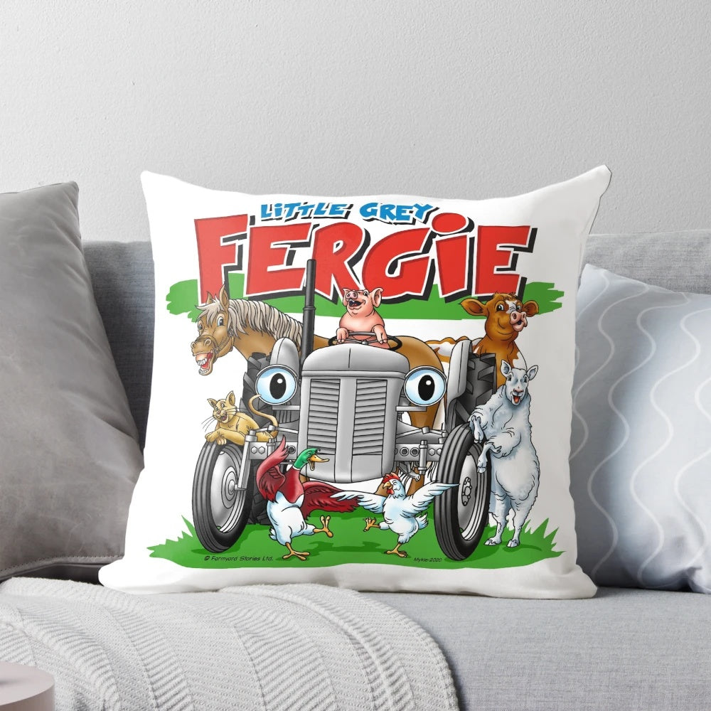 A colorful pillow featuring the cartoon character Little Grey Fergie and various farm animals like horses, cows, and sheep.