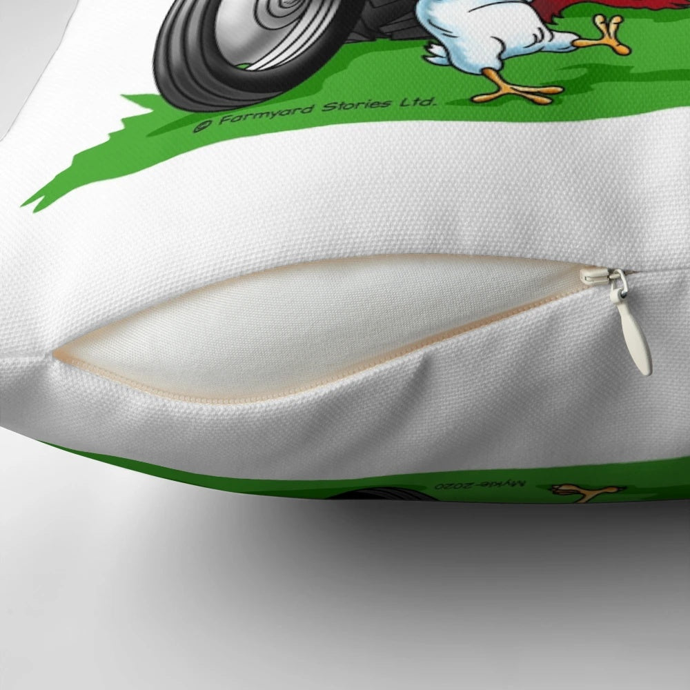 A colorful pillow featuring the cartoon character Little Grey Fergie and various farm animals like horses, cows, and sheep.
