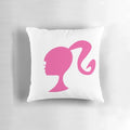 Soft, plush Barbie-themed pillow in pink and white for a girl's room or bedroom.