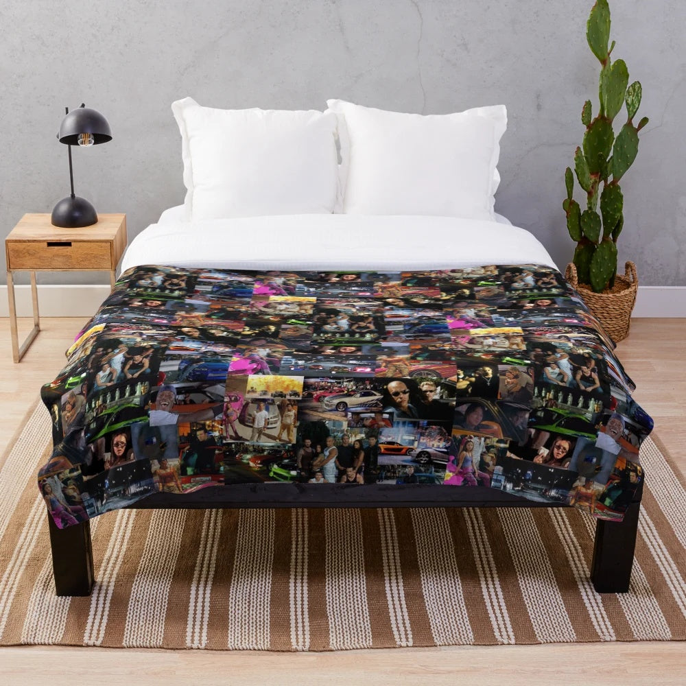 Fast and Furious collage design on a plush blanket for car enthusiasts