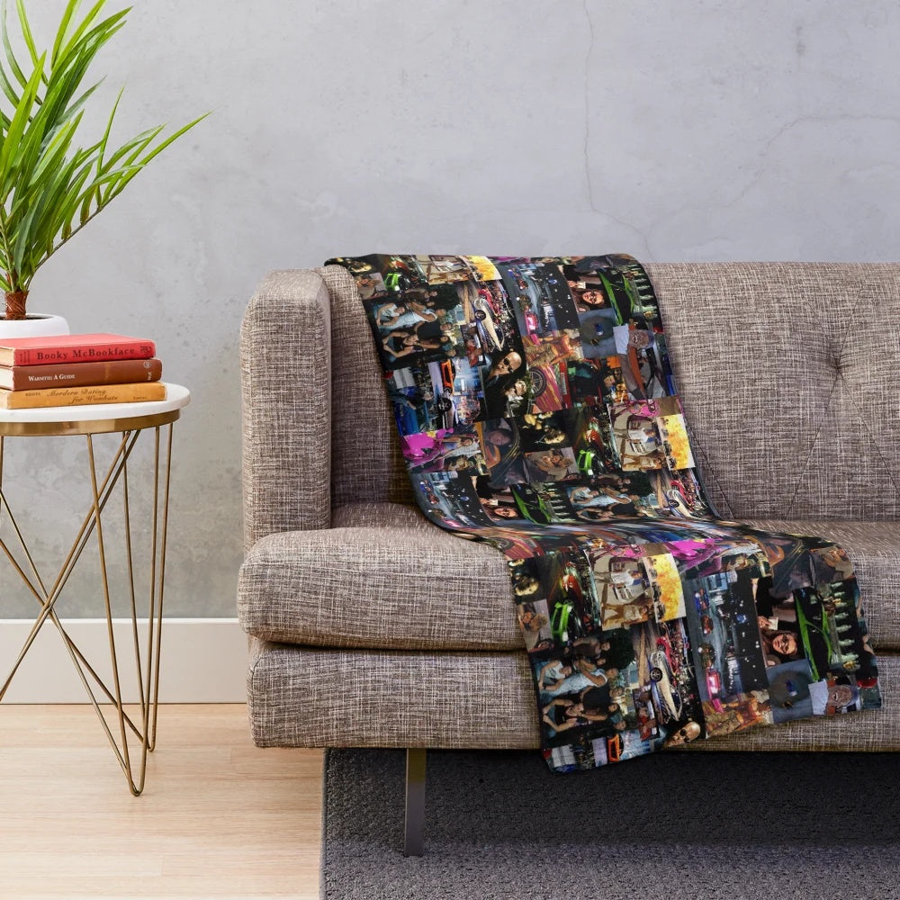 Fast and Furious collage design on a plush blanket for car enthusiasts