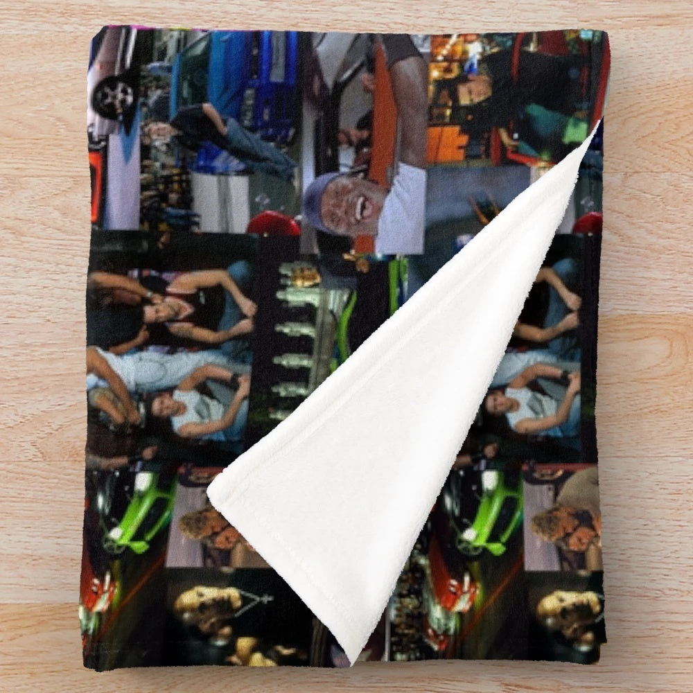 Fast and Furious collage design on a plush blanket for car enthusiasts