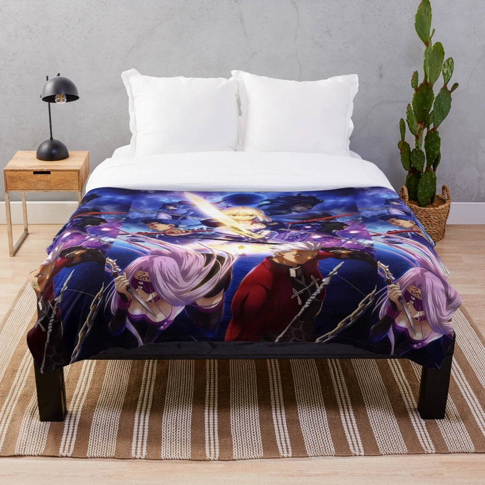 Fate Stay Night-inspired plush blanket featuring popular anime characters