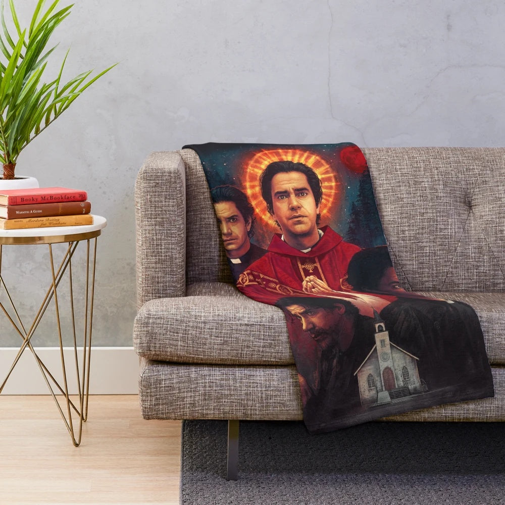 Father John inspired plush blanket with religious design