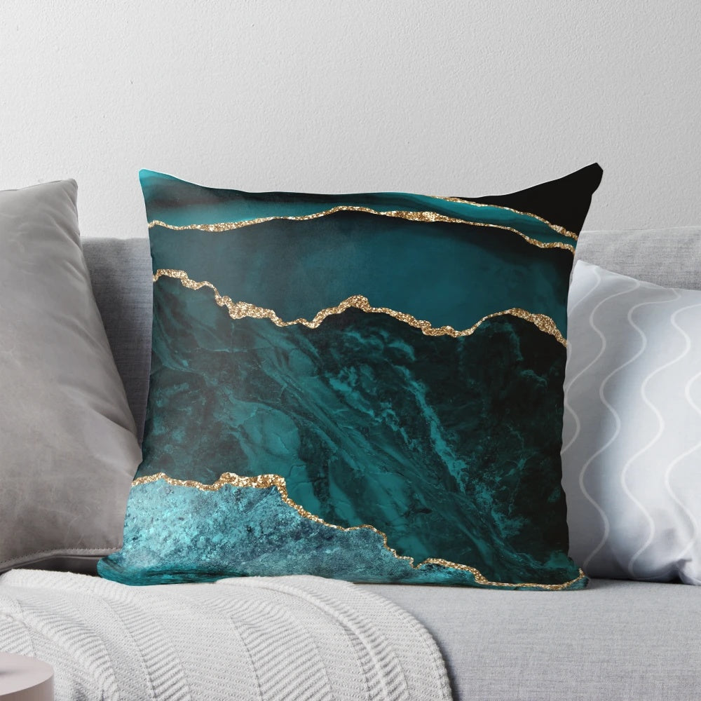 Faux malachite marble decorative throw pillow with blue and teal colors