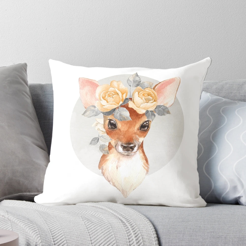 A beautiful hand painted portrait of a fawn surrounded by yellow roses on a soft, velvet pillow.