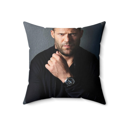 Vintage-inspired decorative throw pillow featuring a portrait of action movie star Jason Statham