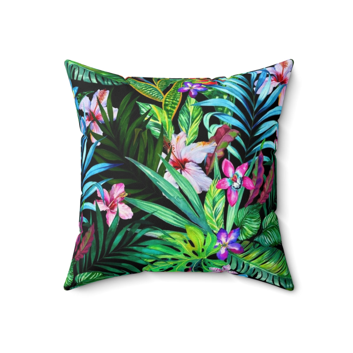 Colorful tropical floral pattern on a decorative throw pillow