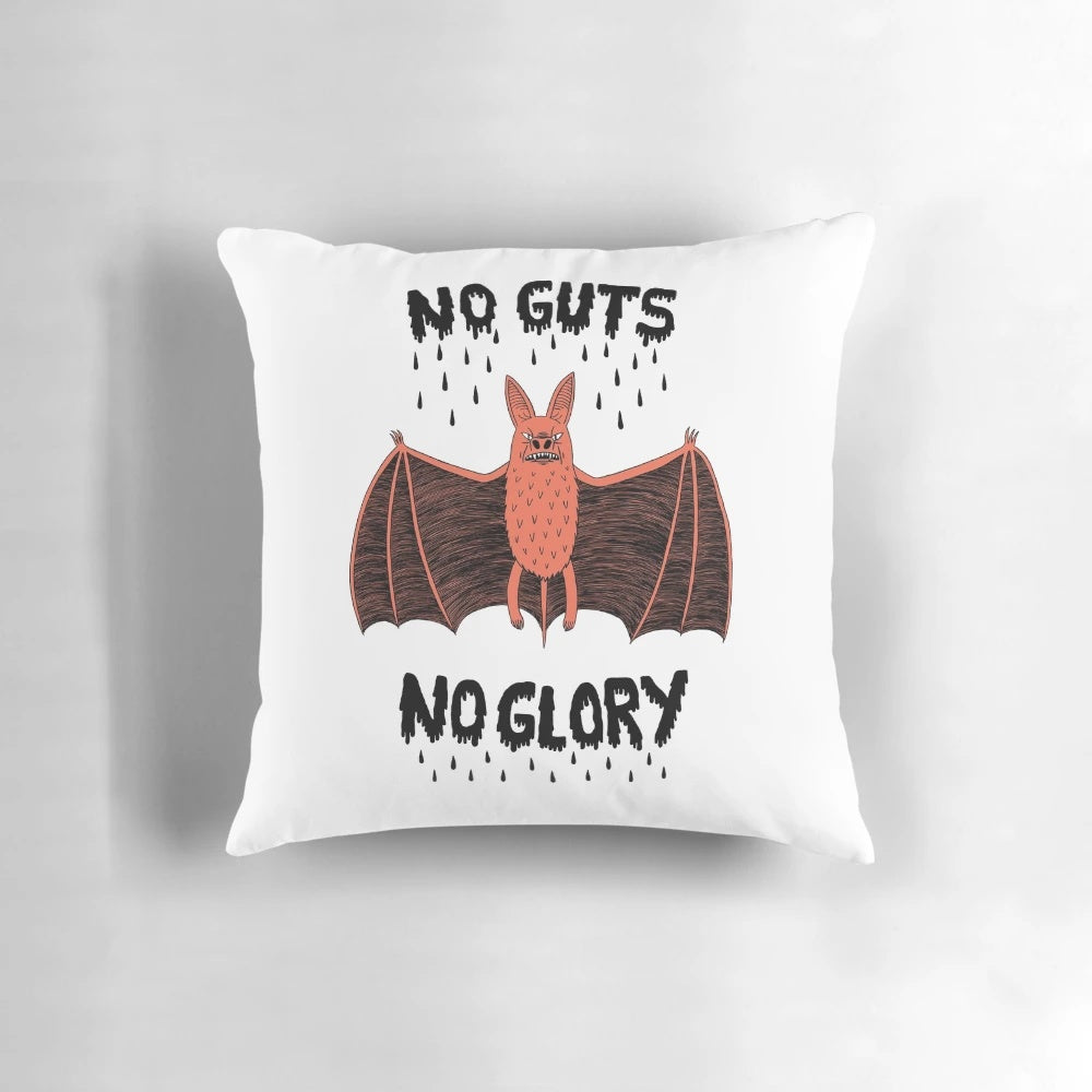 Bold and fearless vampire-themed pillow with a striking "No Guts No Glory" design.